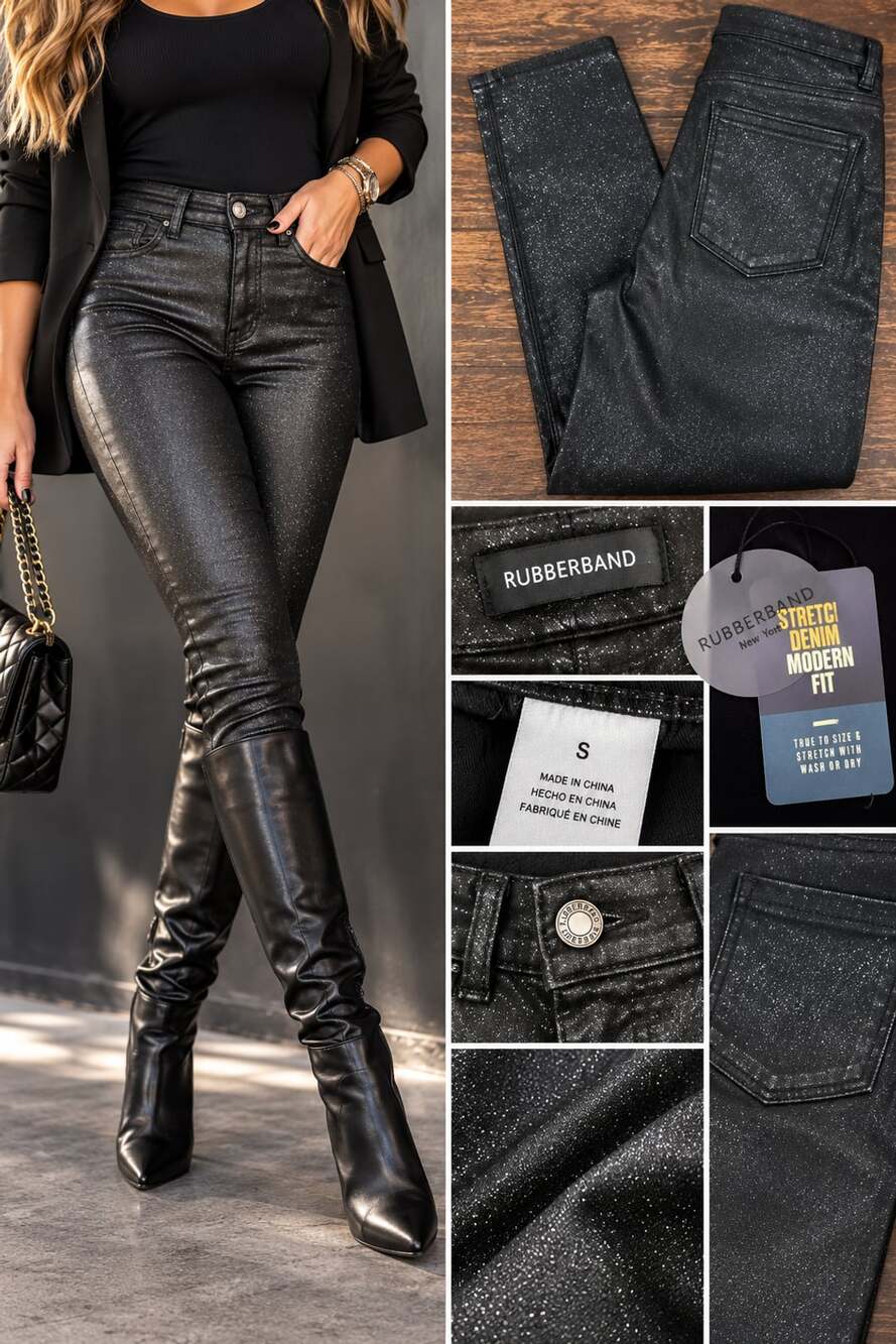 Rubberband Stretch Sparkle Jeans Size 26 3/4 Black NWT